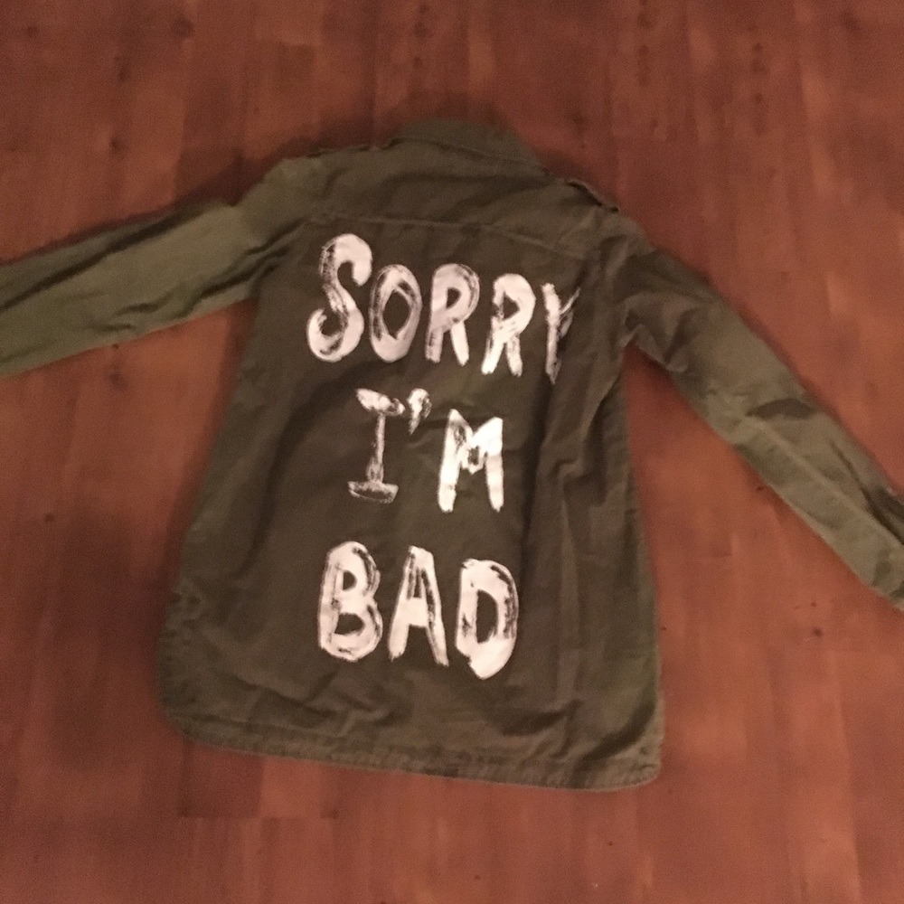 Forever 21 Olive Green Utility Jacket with White Graphic Text - Picture 3 of 8